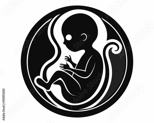 Human embryo black silhouette vector illustration,Fetus graphic icon