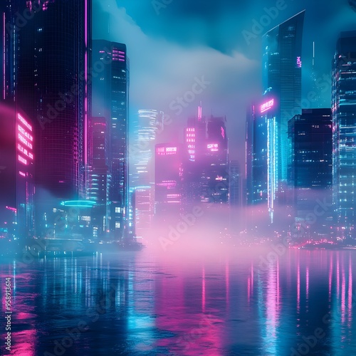 Wallpaper Mural Futuristic cityscape bathed in neon lights, shrouded by swirling fog wallpaper Torontodigital.ca
