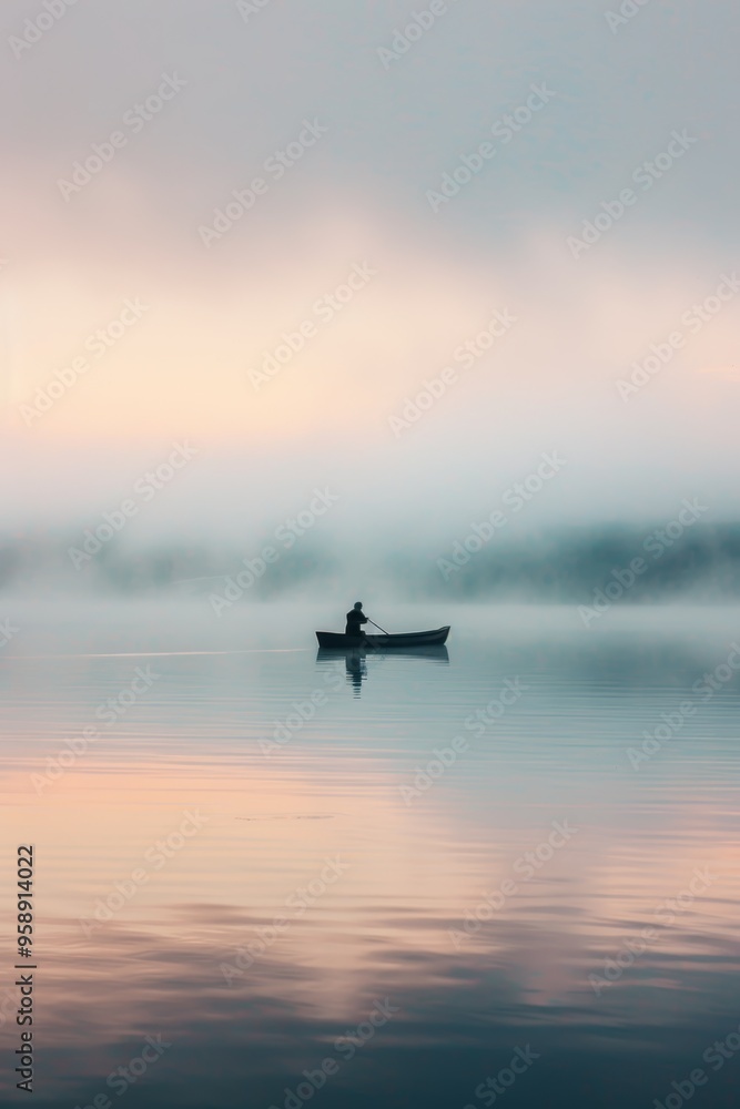 Fototapeta premium Serene Lake at Dawn with Mist and Lone Fisherman Boat Capturing Tranquility and Freedom
