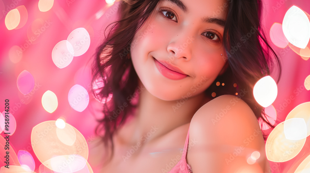 A close-up of a beautiful woman wearing a pink culotte dress, posing with a smile A close-up of a beautiful woman wearing a pink culotte dress, posing with a smile