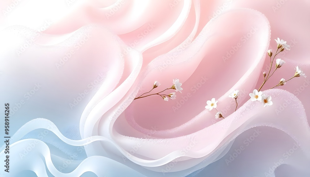 A soft, 3D delicate pink fabric or textile with a floral sprig or branch emerging from the folds, creating a serene and romantic composition A soft, 3D delicate pink fabric or textile with a floral sprig or branch emerging from the folds, creating a serene and romantic composition