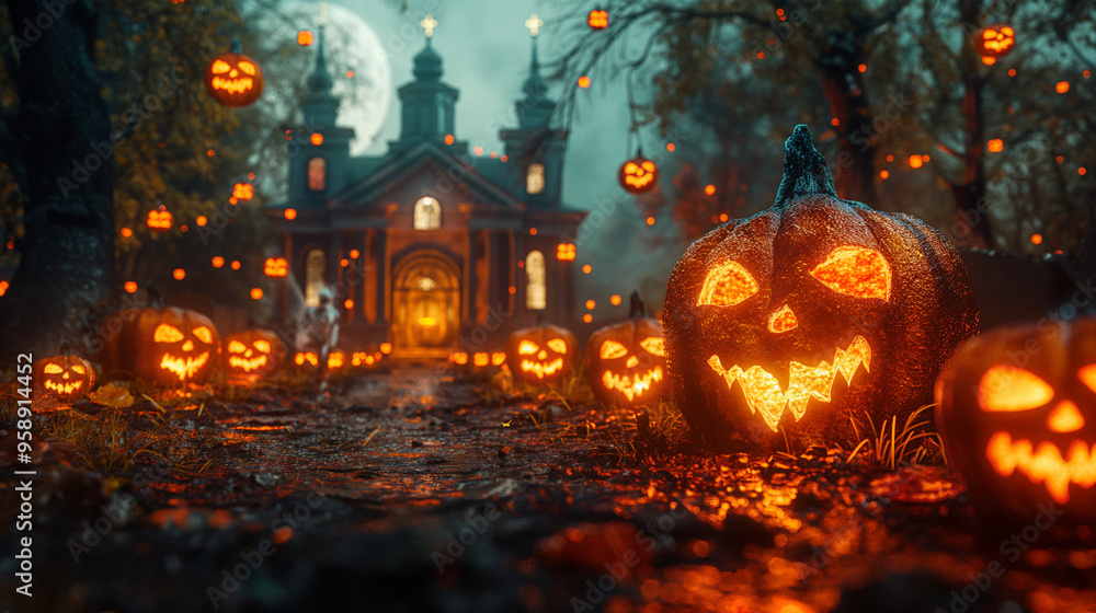 Halloween Scene, Party of pumpkins and zombies in moonlight. Contain Moon 3D rendering, deformed and church with reassembled parts. Generative ai illustrations. Halloween Scene, Party of pumpkins and zombies in moonlight. Contain Moon 3D rendering, deformed and church with reassembled parts. Generative ai illustrations.