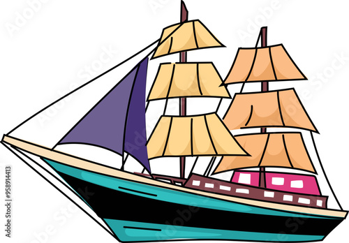 Cartoon junk boat illustration on transparent background.
