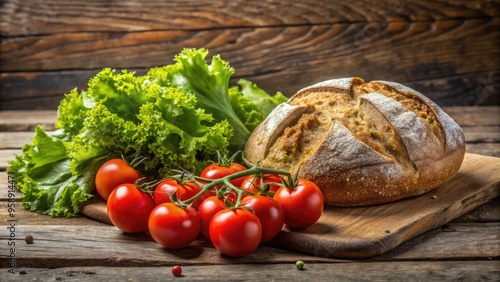 Freshly baked artisanal bread, crisp lettuce, and juicy tomatoes assemble a harmonious union on a rustic wooden table, epitomizing a humble, wholesome small food chain. photo