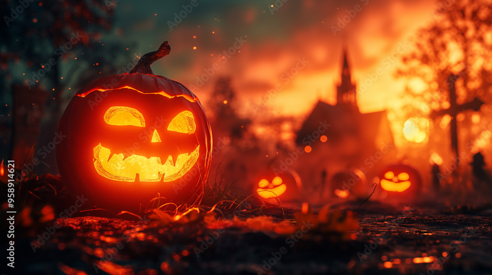 Halloween Scene, Party of pumpkins and zombies in moonlight. Contain Moon 3D rendering, deformed and church with reassembled parts. Generative ai illustrations. Halloween Scene, Party of pumpkins and zombies in moonlight. Contain Moon 3D rendering, deformed and church with reassembled parts. Generative ai illustrations.