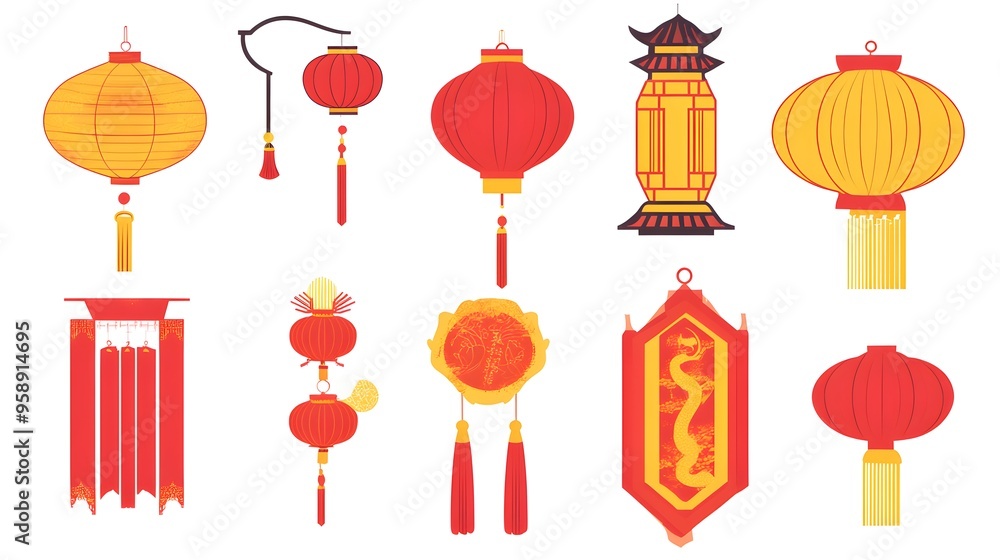 Chinese new year symbols collection lanterns, paper lanterns, and traditional decor for festive celebrations Chinese new year symbols collection lanterns, paper lanterns, and traditional decor for festive celebrations