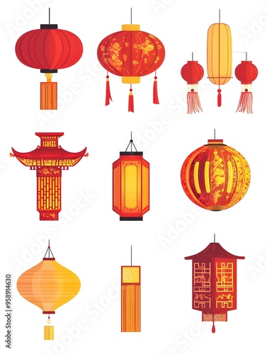 Chinese new year symbols collection lanterns, paper lanterns, and traditional decor for festive celebrations