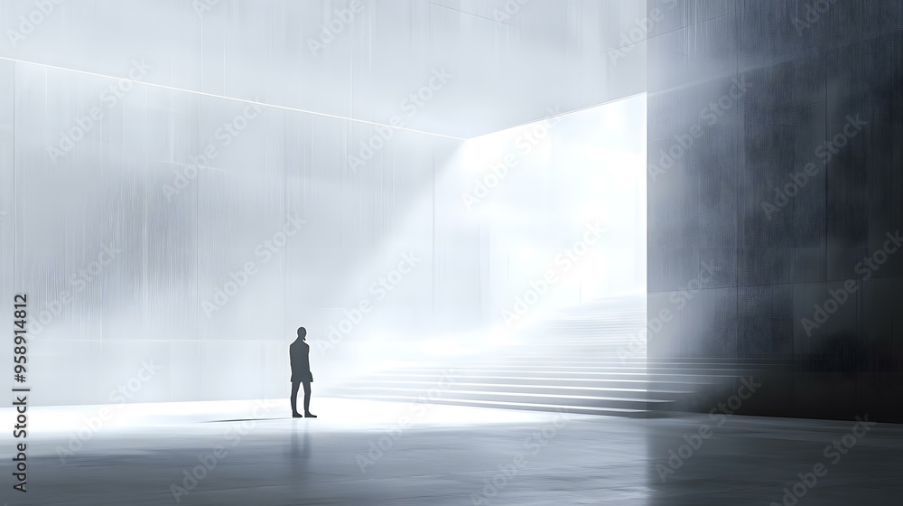 Silhouette of Man Standing in a Modern Concrete Room with Light Streaming in From a Large Open Doorway Silhouette of Man Standing in a Modern Concrete Room with Light Streaming in From a Large Open Doorway