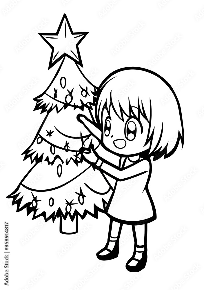 Girl Decorating Christmas Tree Black and White Illustration Girl Decorating Christmas Tree Black and White Illustration