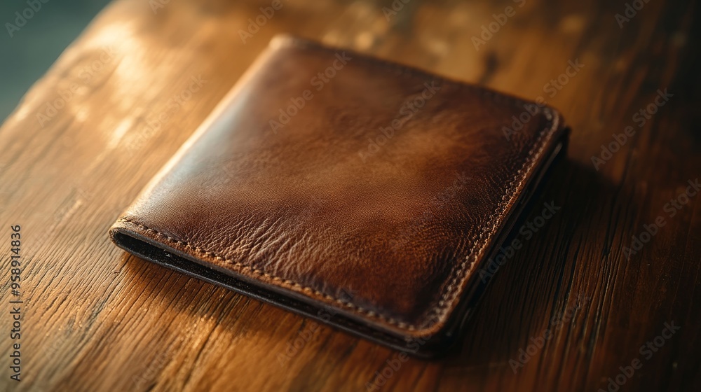A classic brown leather wallet resting on a wooden surface, showcasing its texture and craftsmanship. A classic brown leather wallet resting on a wooden surface, showcasing its texture and craftsmanship.