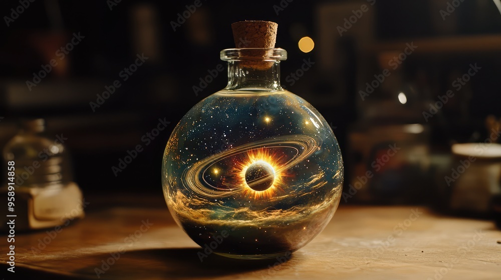 A round glass bottle with a cork holds a miniature cosmos, where stars, a radiant sun, and a planet with rings orbit in a dark, infinite space A round glass bottle with a cork holds a miniature cosmos, where stars, a radiant sun, and a planet with rings orbit in a dark, infinite space