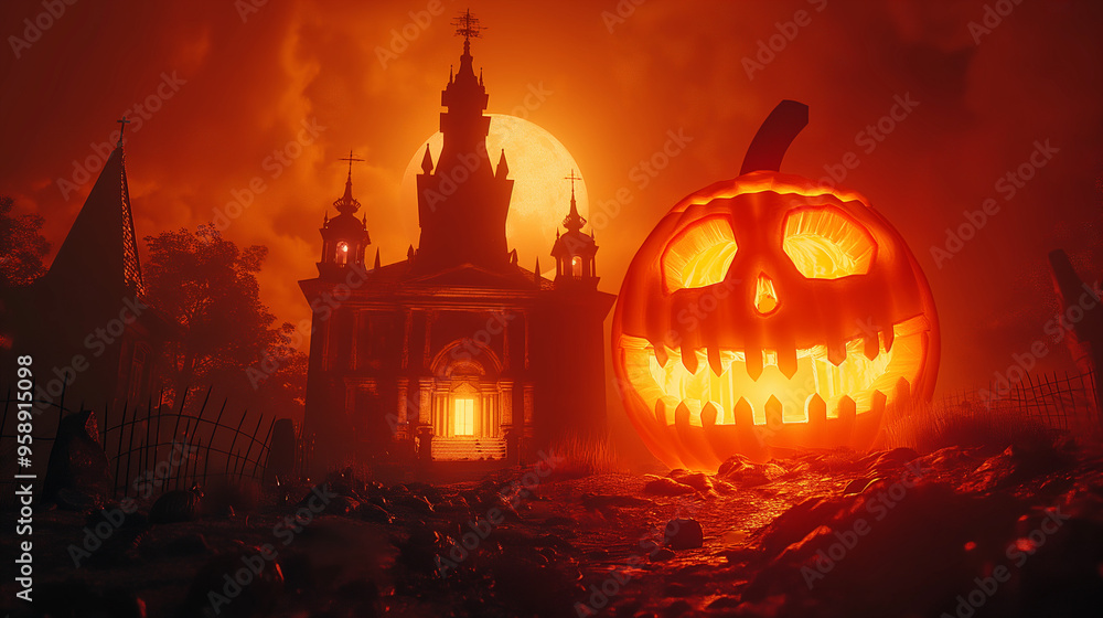 Halloween Scene, Party of pumpkins and zombies in moonlight. Contain Moon 3D rendering, deformed and church with reassembled parts. Generative ai illustrations. Halloween Scene, Party of pumpkins and zombies in moonlight. Contain Moon 3D rendering, deformed and church with reassembled parts. Generative ai illustrations.