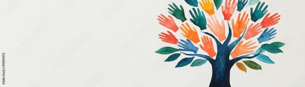 Fototapeta premium A tree growing from the earth with diverse hands as branches, symbolizing unity and progress, watercolor illustration, isolated on white background