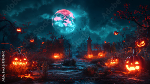 Halloween Scene, Party of pumpkins and zombies in moonlight. Contain Moon 3D rendering, deformed and church with reassembled parts. Generative ai illustrations.