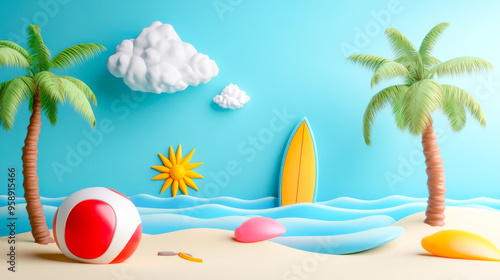 Wallpaper Mural Vibrant paper-crafted beach scene with palm trees and surfboards , summer, tropical, art, bright, color, handcrafted, collage Torontodigital.ca