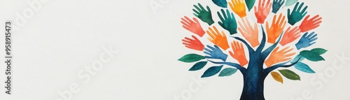 A tree growing from the earth with diverse hands as branches, symbolizing unity and progress, watercolor illustration, isolated on white background