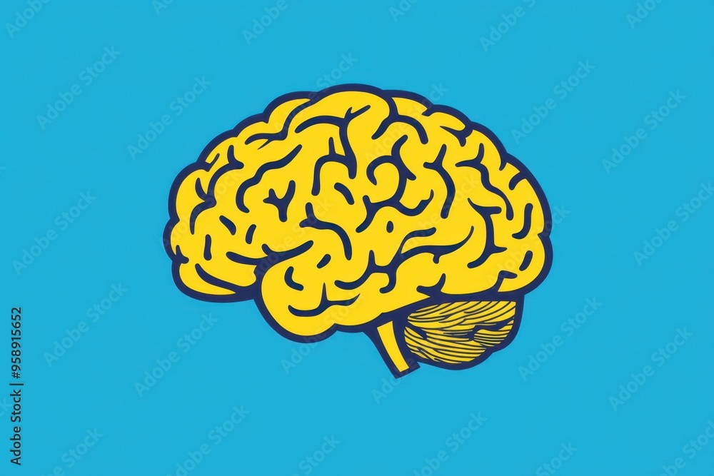 A yellow brain on a blue background, a simple illustration in a flat design style, with simple lines and shapes, a bold outline, and minimalist details Generative AI A yellow brain on a blue background, a simple illustration in a flat design style, with simple lines and shapes, a bold outline, and minimalist details Generative AI