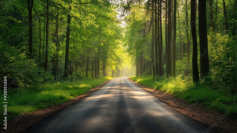 Obraz premium Sunlit Road Through the Forest