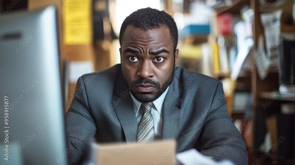 Obraz premium Frustrated African American male office worker in a small, cluttered office