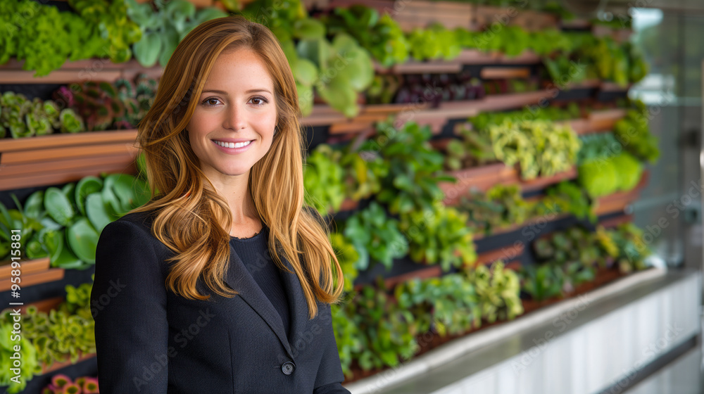 a confident businesswoman wearing a diversify black dress, posing with a smile in nursery a confident businesswoman wearing a diversify black dress, posing with a smile in nursery