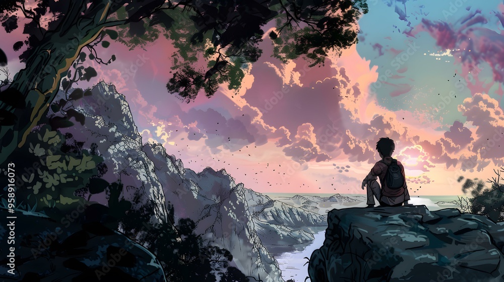 Fototapeta premium Man Sitting on a Mountain Cliff at Sunset