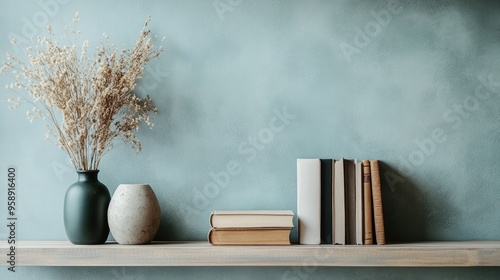 Wallpaper Mural Simple shelf with decor and books, copy space available on a plain background. Torontodigital.ca