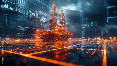 Towering oil rig with financial charts symbolizing oil market performance