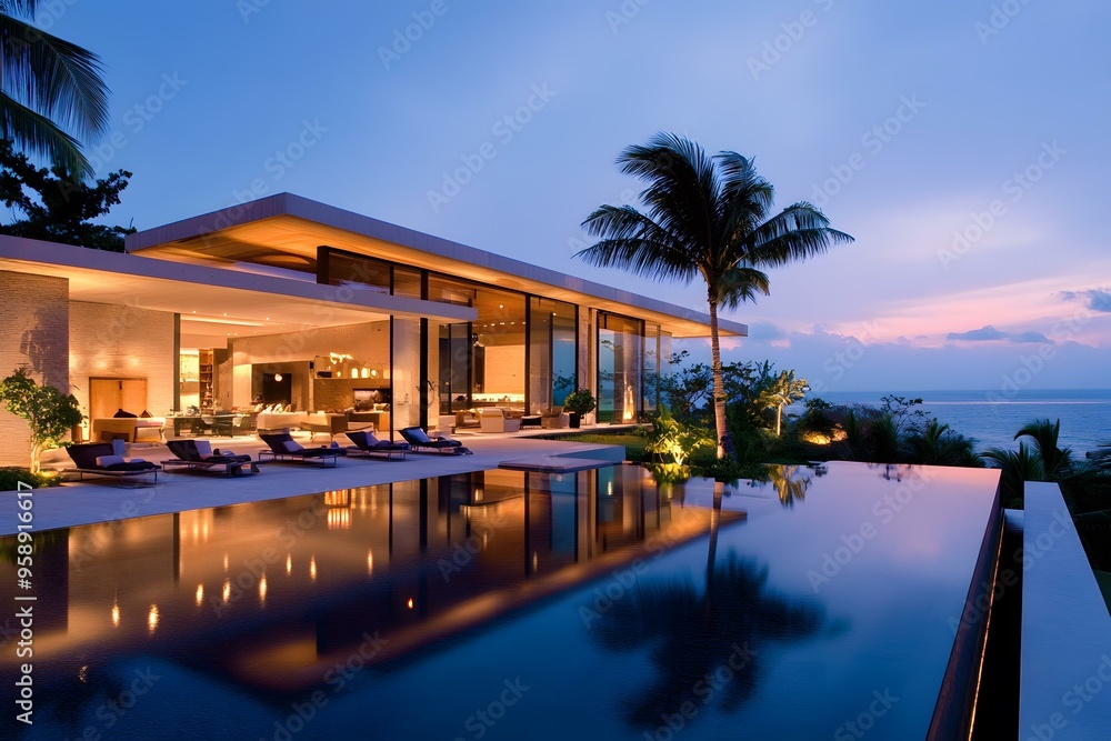 Fototapeta premium Modern Minimalist Luxury Villa with Infinity Pool and Ocean View
