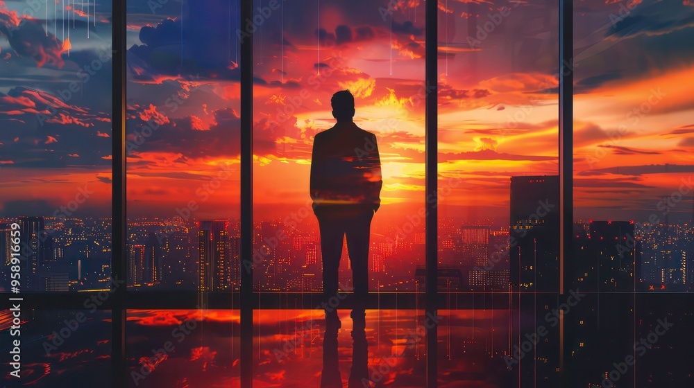 Silhouette of a man looking out a window at a city skyline during sunset. Silhouette of a man looking out a window at a city skyline during sunset.