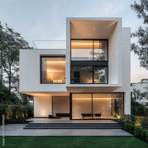 Wallpaper Mural Modern White House with Large Windows and Stone Patio Torontodigital.ca