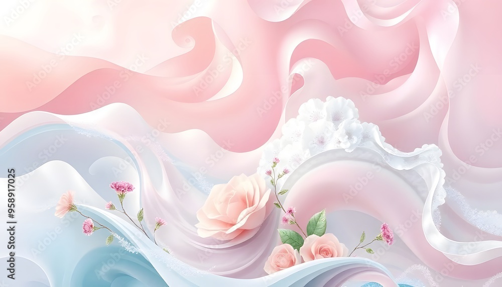 Soft, flowing pink and white fabric with delicate, ethereal folds and waves Soft, flowing pink and white fabric with delicate, ethereal folds and waves