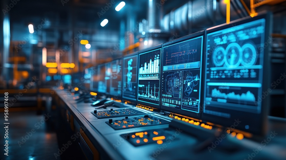 Interior of a petrochemical plant control room with multiple monitors showing live data across the facility Interior of a petrochemical plant control room with multiple monitors showing live data across the facility