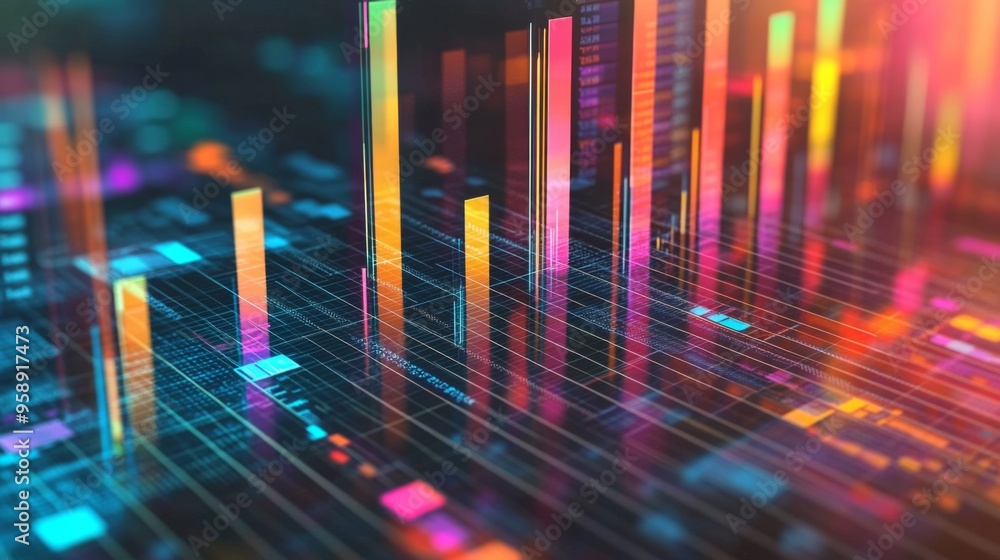 A 3D chart with multiple layers of transparent bars rising from a grid, illustrating complex data trends in a visually striking manner. A 3D chart with multiple layers of transparent bars rising from a grid, illustrating complex data trends in a visually striking manner.