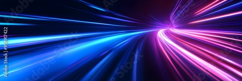 Futuristic abstract illustration with neon speed lines in blue. 