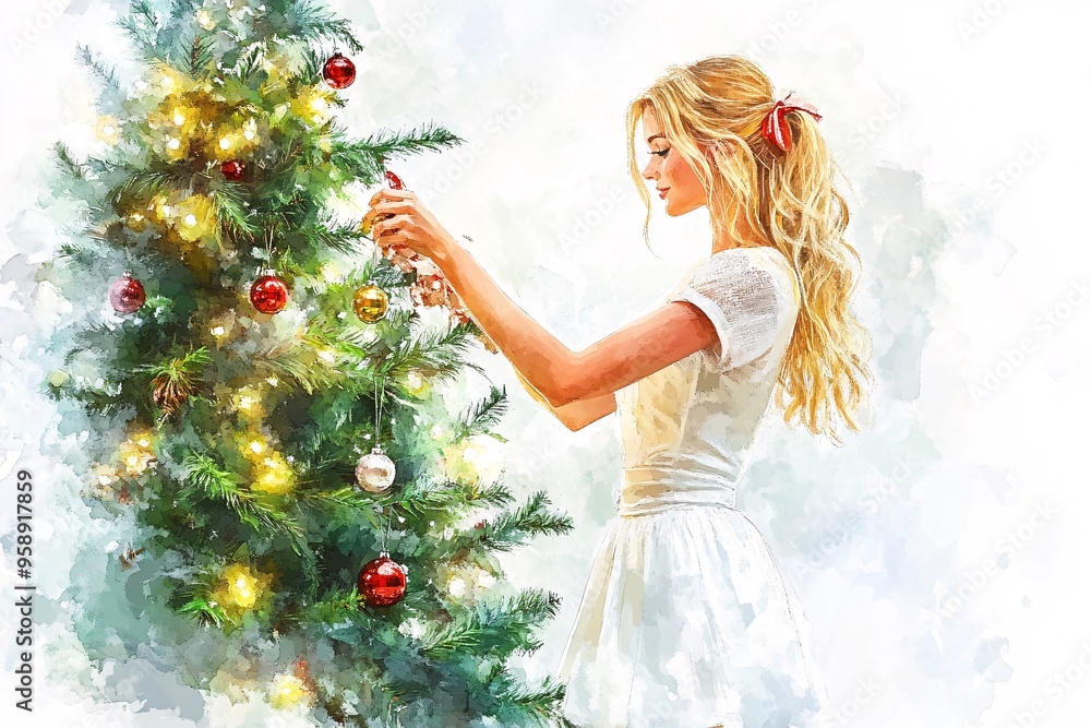 Elegant Holiday Celebration - Girl by Decorated Christmas Tree Elegant Holiday Celebration - Girl by Decorated Christmas Tree