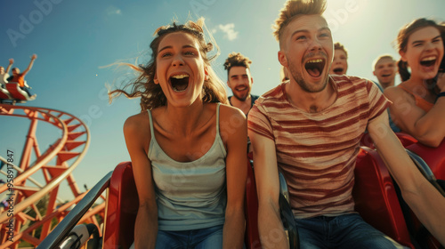 Wallpaper Mural Excitement and Joy at Amusement Park: Friends Riding Roller Coaster - Ideal for Fun and Adventure Themes Torontodigital.ca
