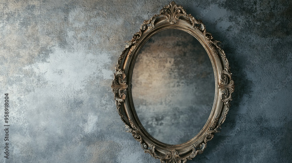 Fototapeta premium Wall mirror with a decorative frame, ample room for text on the surrounding wall.