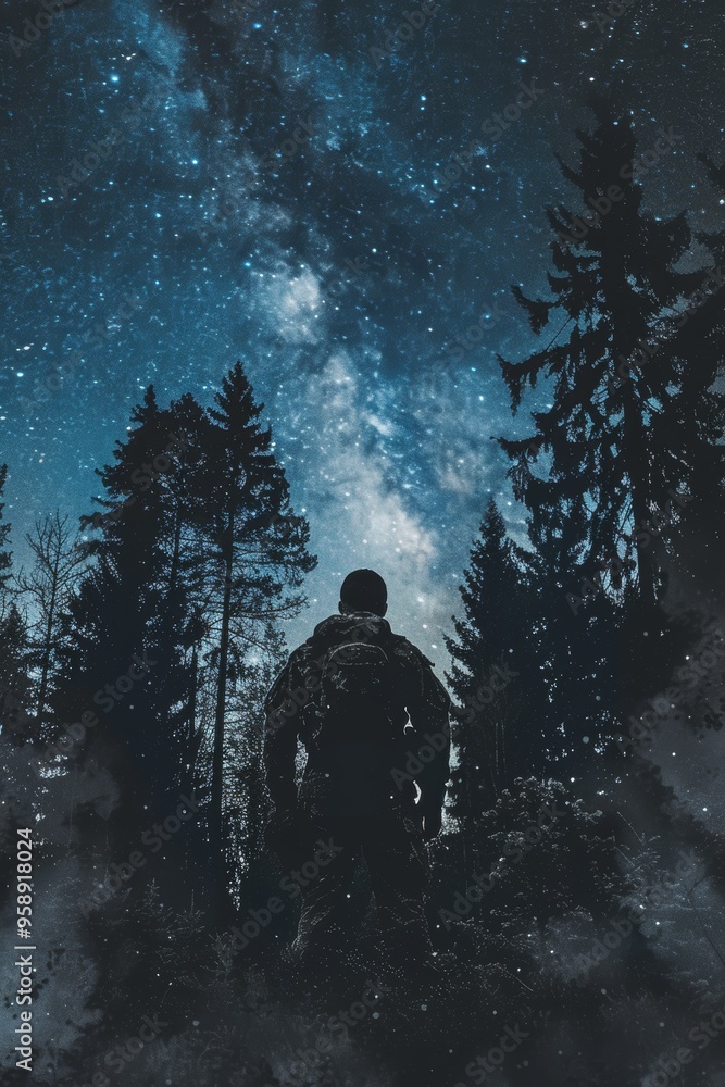 Naklejka premium A Soldier Reflecting under a Starry Sky at the Edge of a Peaceful Forest