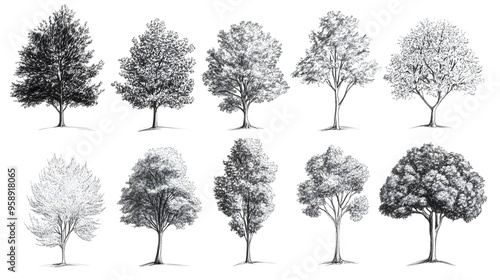 Hand drawn pencil sketch of different types of trees