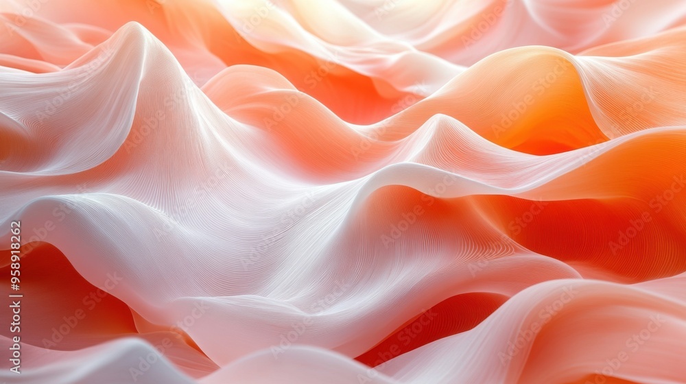 A close-up of orange and white fabric reveals intricate generative art patterns, evoking an ethereal landscape. The soft volumetric lighting enhances the pastel waves and coral-like textures A close-up of orange and white fabric reveals intricate generative art patterns, evoking an ethereal landscape. The soft volumetric lighting enhances the pastel waves and coral-like textures