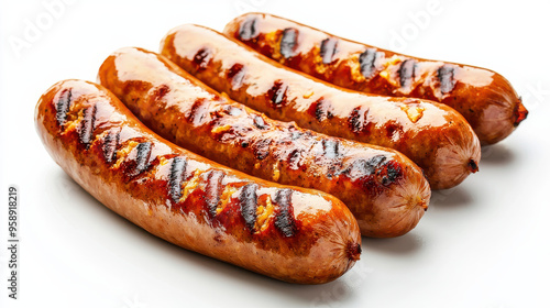 A set of four delicious sausages perfectly grilled with beautiful charred lines, placed on a white background, illustrating a mouth-watering treat ready to be served.