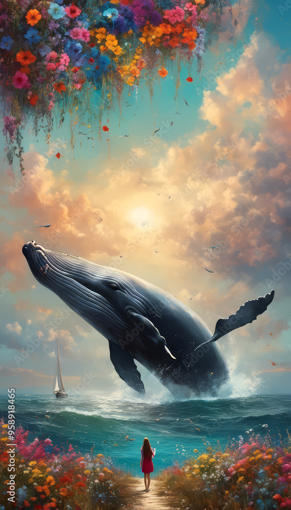 Fototapeta premium A whale Jumps out of the ocean at sunrise