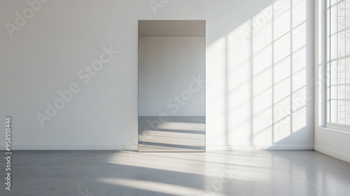 Wall-mounted mirror reflecting a minimalist room, blank space for copy on the wall.