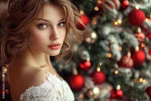 Elegant Young Woman in White Dress Posing by Christmas Tree with Ornaments