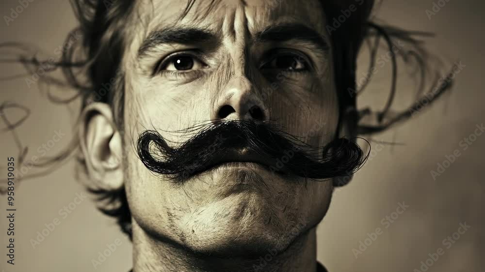 An artistic portrait of a man with a dramatic mustache and intense expression in a vintage style An artistic portrait of a man with a dramatic mustache and intense expression in a vintage style