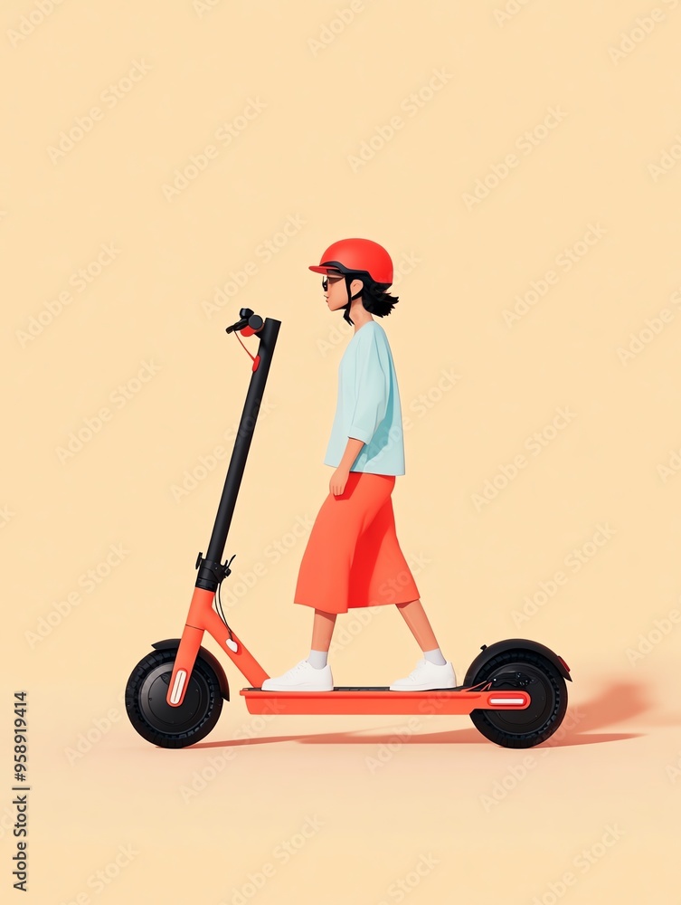 Young woman with helmet walking next to an orange electric scooter. Young woman with helmet walking next to an orange electric scooter.