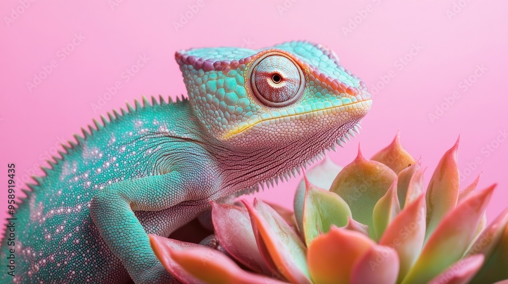 Fototapeta premium Closeup of a Chameleon on a Succulent
