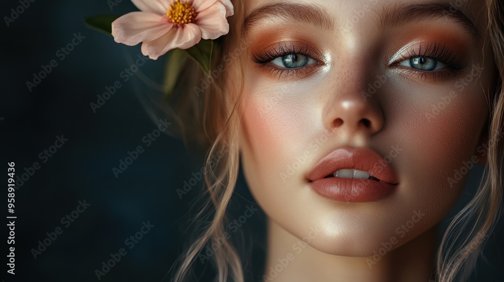 Close-up Portrait of a Woman with Flower in Her Hair Close-up Portrait of a Woman with Flower in Her Hair