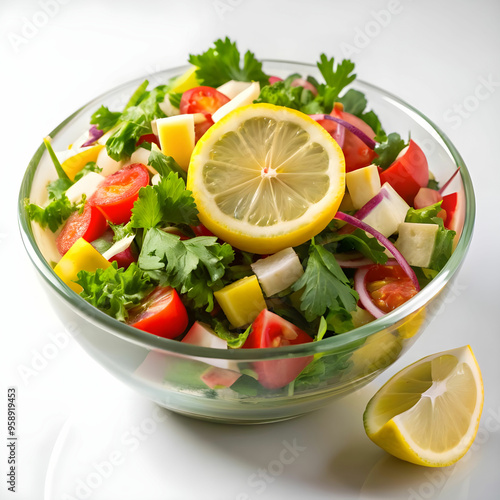 cold mangal salad with lemon slice with white background