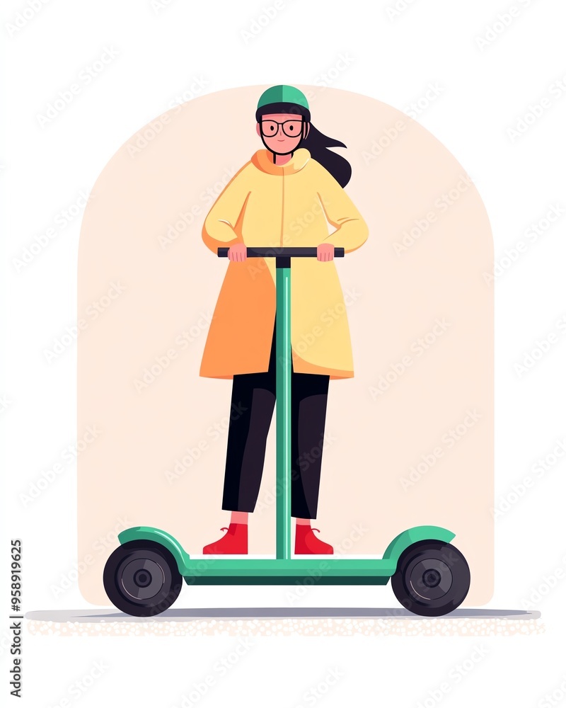 Woman riding a green electric scooter wearing a yellow raincoat Woman riding a green electric scooter wearing a yellow raincoat